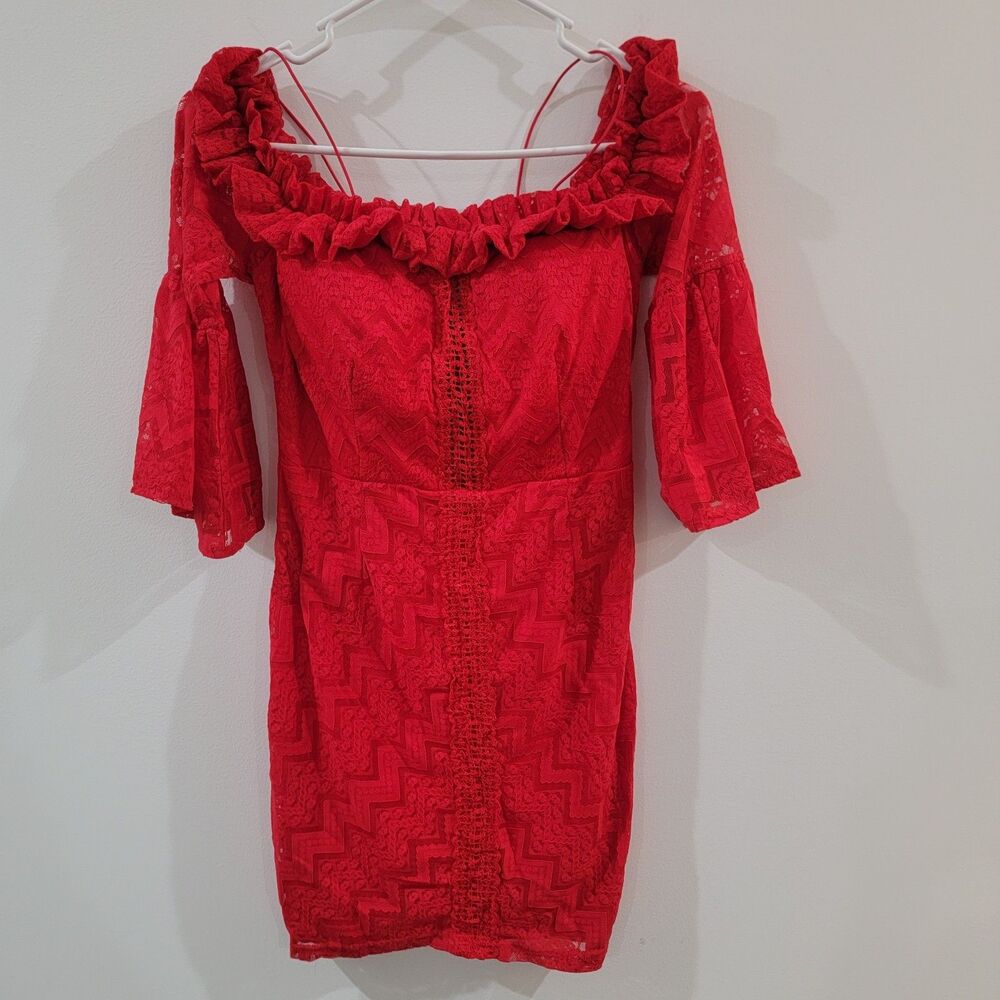Entry Womens Mini Dress Size Medium Red Lace Floral Off Shoulder